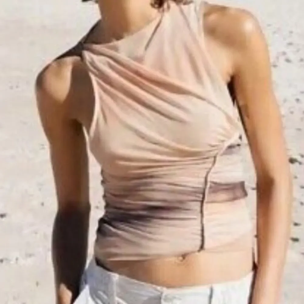 Zara Womens Asymmetrical Ruched Mesh Tank Tie Dye Tan Gray Size S - Picture 4 of 5